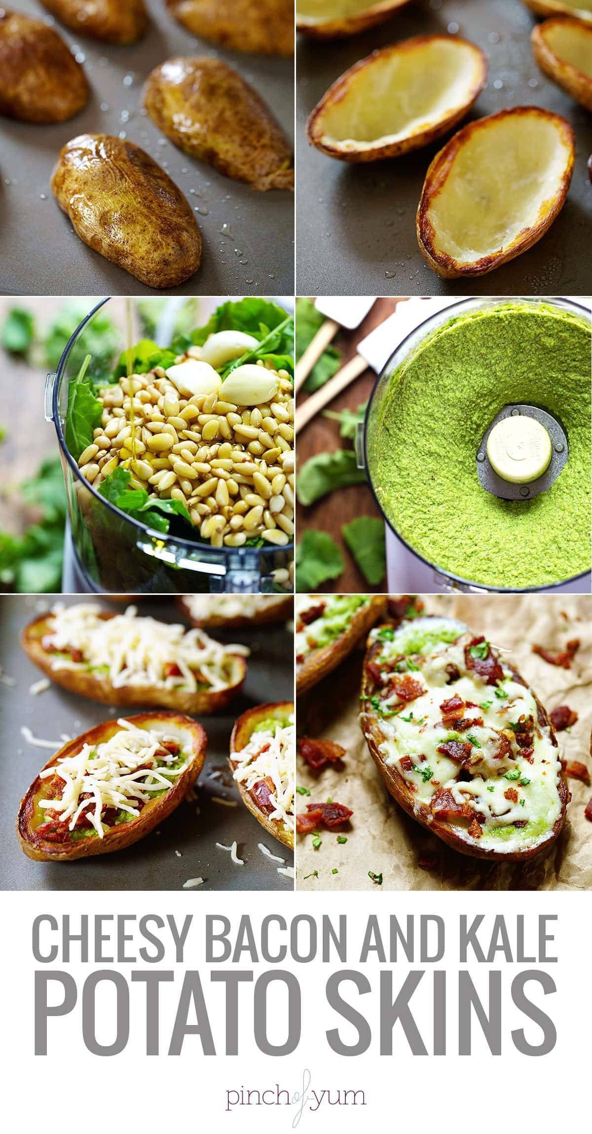 Process of making Cheesy Bacon and Kale Potato Skins.