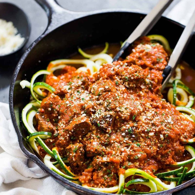 Creamy Vodka Steak Pasta in a pan with zoodles.