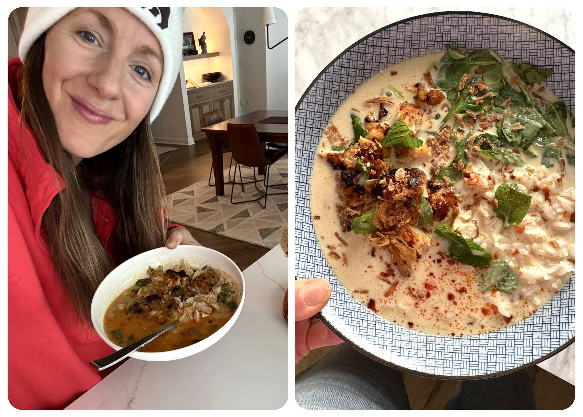 Lindsay holding broth bowl at table.