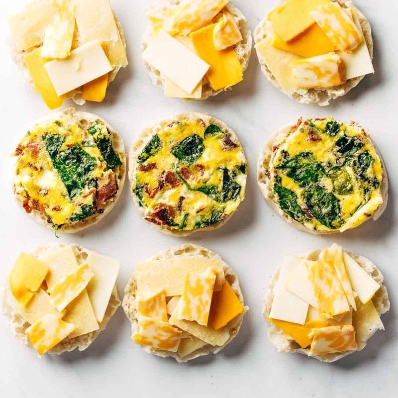 Breakfast sandwiches being prepped.